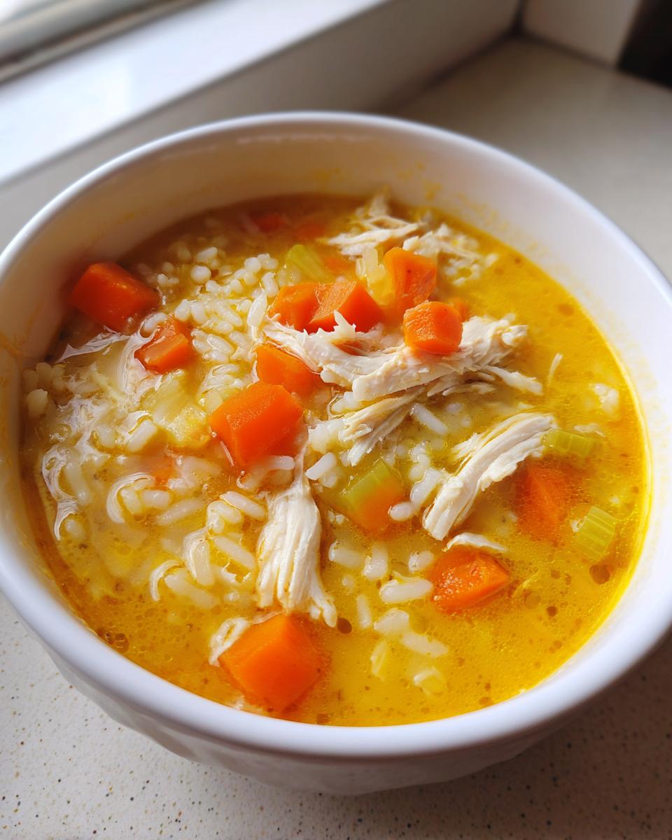 Close-up of a white bowl filled with bright yellow Lemon Ginger Turmeric Chicken and Rice Soup, showing shredded chicken, rice, and diced carrots.