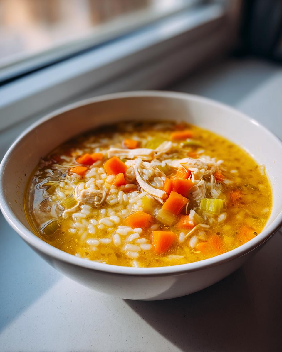 Close-up of a white bowl filled with bright yellow Lemon Ginger Turmeric Chicken and Rice Soup, showing shredded chicken, rice, carrots, and celery.