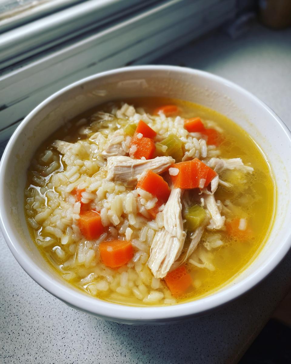 A close-up of a white bowl filled with Lemon Ginger Turmeric Chicken and Rice Soup, showing shredded chicken, rice, carrots, and celery in a yellow broth.