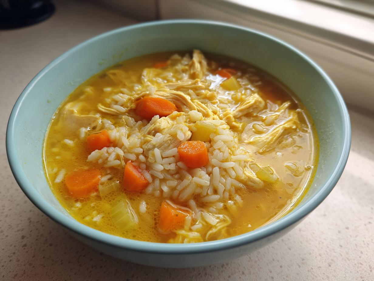 Close-up of a light blue bowl filled with vibrant yellow Lemon Ginger Turmeric Chicken and Rice Soup, featuring shredded chicken, white rice, and bright orange carrots.