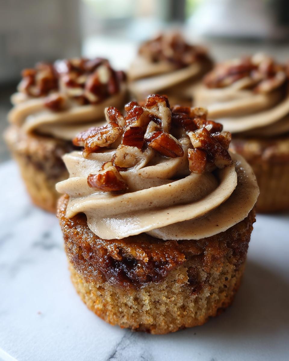 A close-up of a delicious pecan pie cupcake topped with brown, swirled frosting and candied pecans.