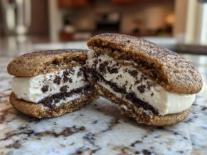 Two halves of a tiramisu cookies sandwich filled with creamy white filling and dark crumbs, resting on a granite countertop.