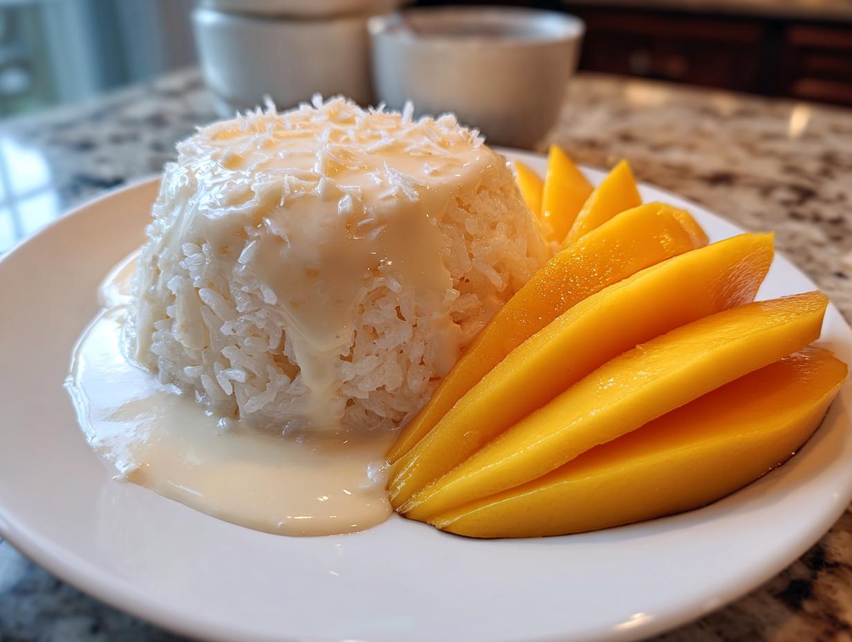 A serving of perfectly molded mango sticky rice topped with coconut cream and shredded coconut, next to bright yellow mango slices.