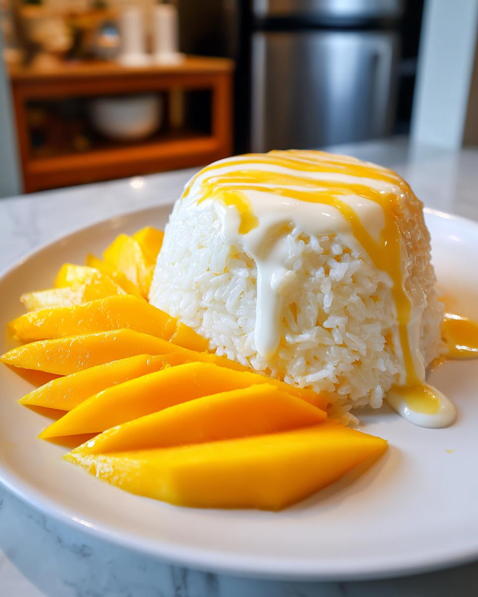A serving of mango sticky rice featuring a mound of white sticky rice topped with coconut cream and mango sauce, surrounded by fresh mango slices.