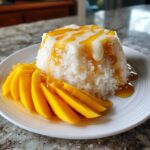 A perfectly molded serving of mango sticky rice topped with coconut cream drizzle and sliced fresh mango.