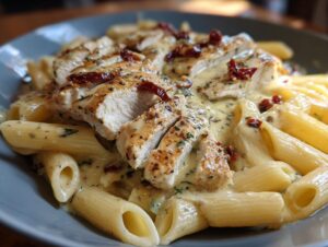 Close-up of creamy Marry Me Chicken Pasta featuring sliced grilled chicken and penne pasta in a rich sauce.