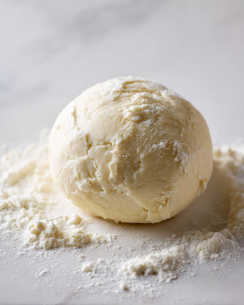 A smooth, pale yellow ball of fresh marzipan recipe dough resting on a dusting of white almond flour.