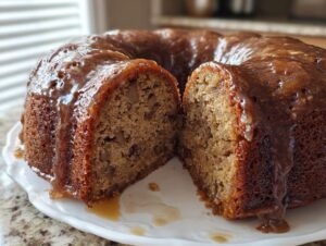 A moist apple bundt cake, cut in half to show the crumb texture and nuts, covered in a thick caramel glaze.