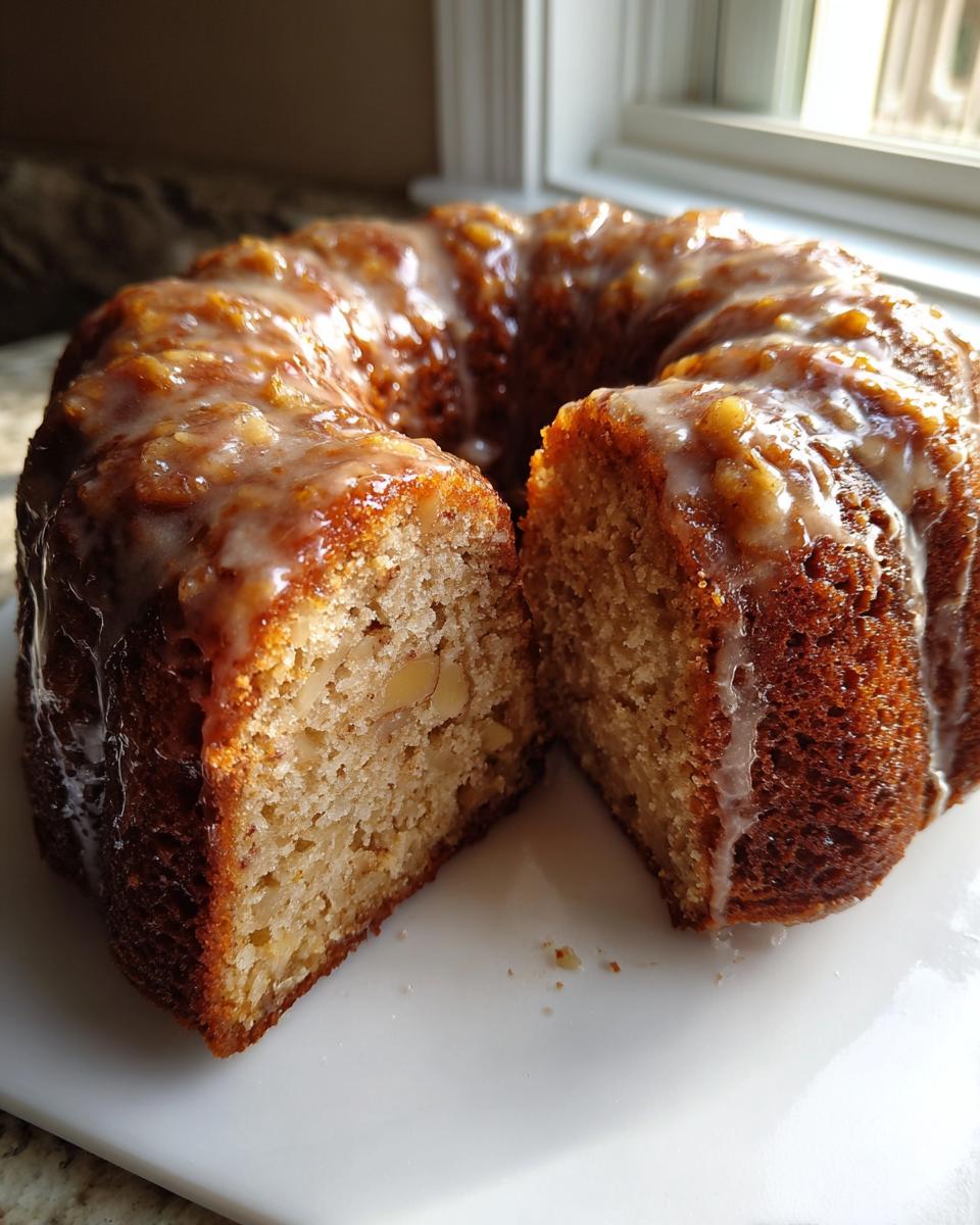 A moist apple bundt cake, drizzled with a light glaze, has a slice cut out revealing the tender crumb and apple pieces inside.