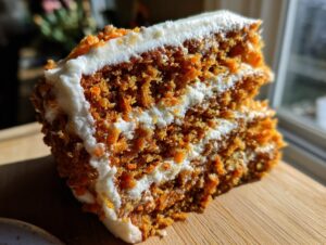 Close-up of a thick slice of moist carrot cake recipe showing shredded carrots and cream cheese frosting layers.