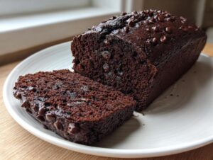 A close-up of a moist chocolate banana bread loaf, with one slice cut, topped with chocolate chips.