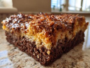 Close-up of a rich, moist slice of german chocolate poke cake showing the dark chocolate base and gooey coconut pecan topping.