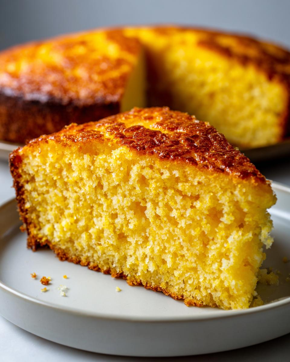 Close-up of a thick, golden slice of moist skillet cornbread served on a light gray plate.