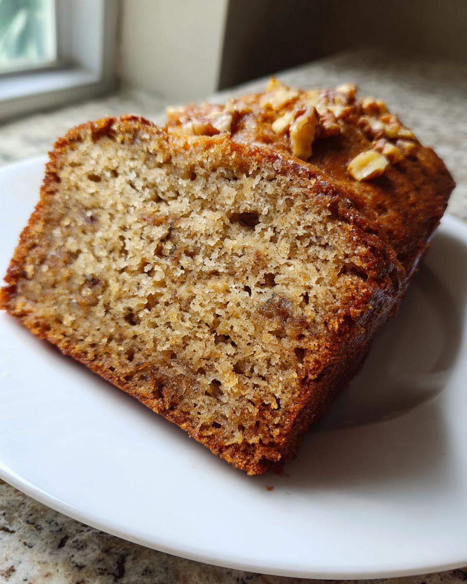 Close-up of a moist slice from a banana bread recipe, topped with crunchy walnuts.