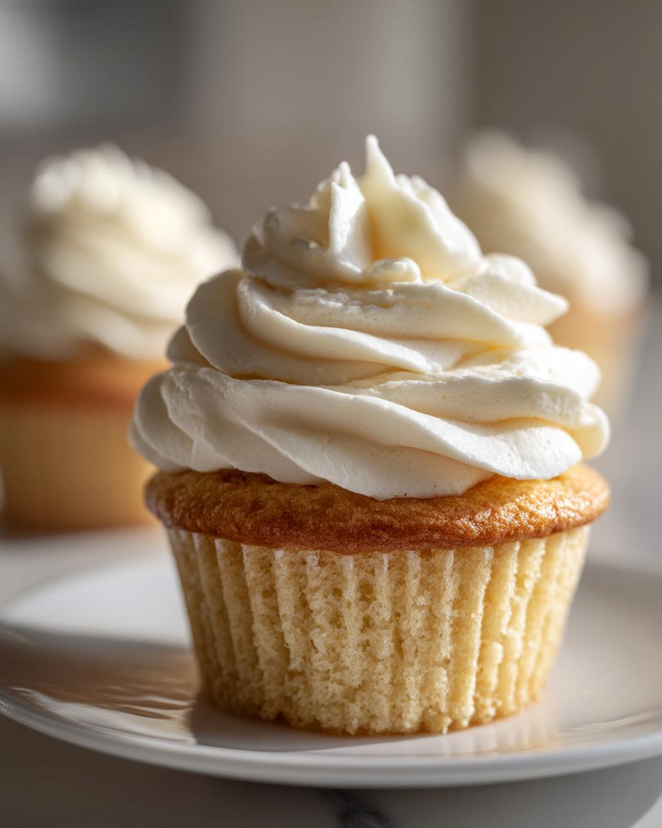 Close-up of a single, perfectly baked vanilla cupcake topped with a tall swirl of creamy white vanilla frosting.