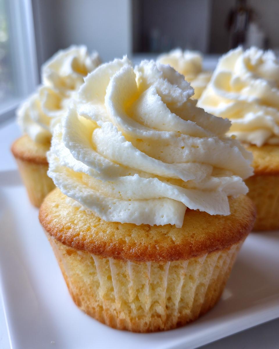 Close-up of a perfectly baked vanilla cupcake topped with a tall swirl of creamy white vanilla frosting.