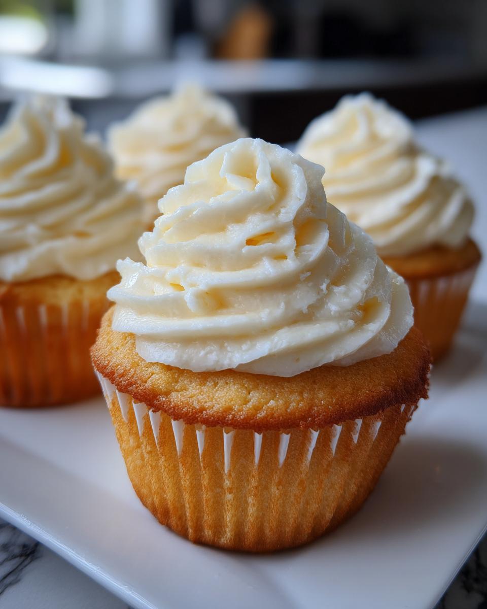 Close-up of a perfectly baked vanilla cupcake topped with a generous swirl of creamy white vanilla frosting.