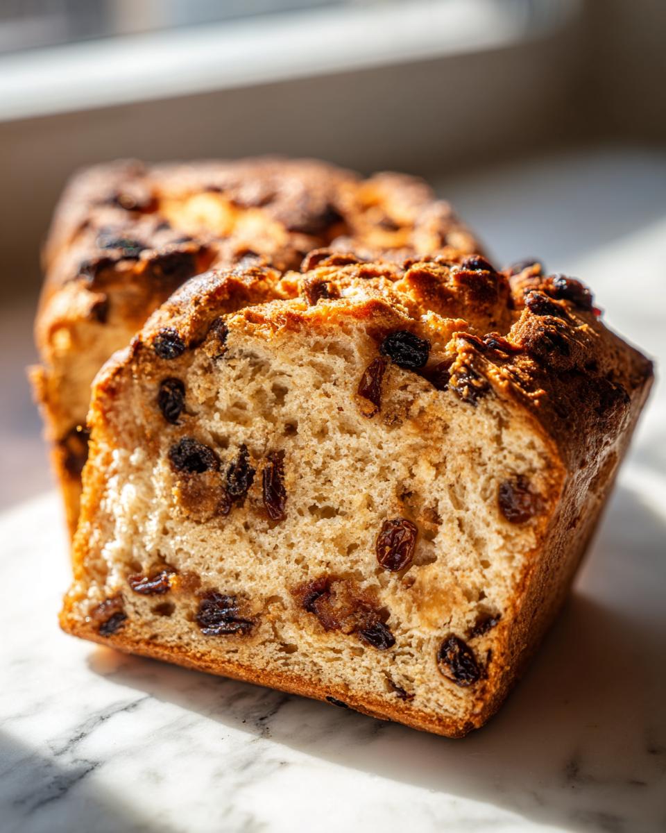 A thick, golden-brown slice of homemade raisin bread showing a soft crumb packed with dark raisins.