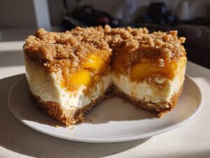 A delicious peach cobbler cheesecake with a slice removed, showing creamy filling, peaches, and a brown sugar crumble topping.