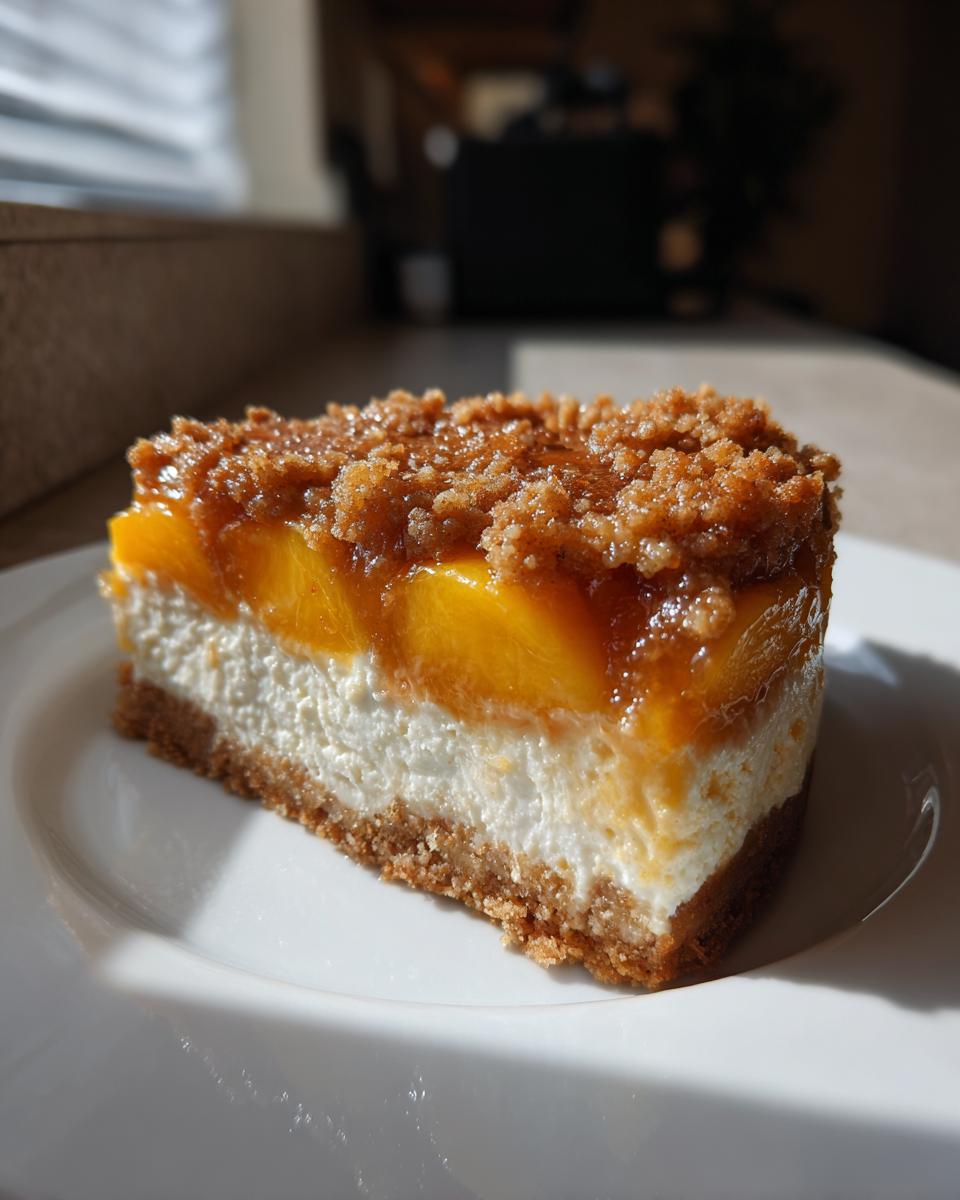 A single slice of peach cobbler cheesecake featuring a graham cracker crust, creamy white filling, and a topping of glazed peaches and brown sugar crumble.