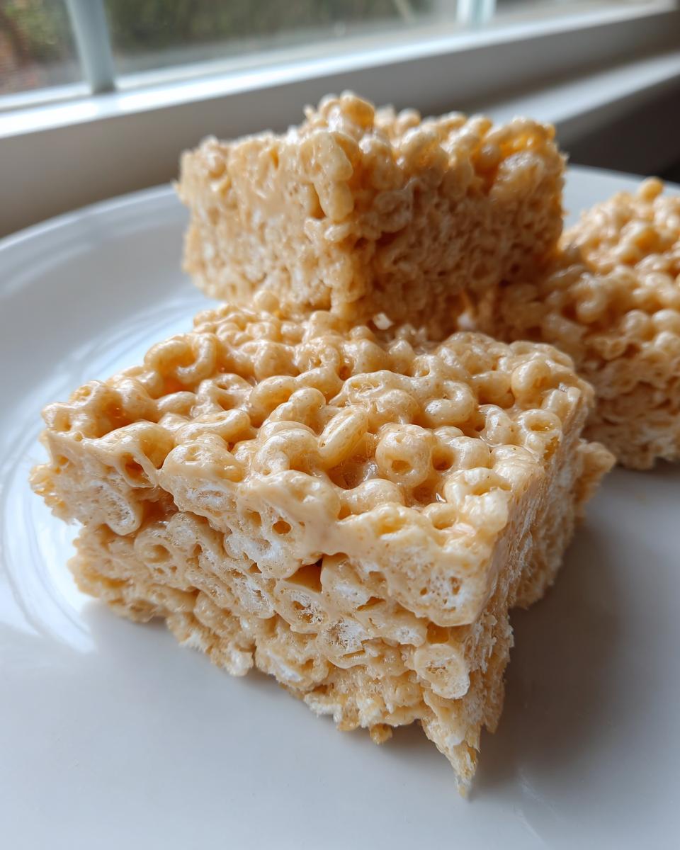 Three squares of thick, chewy peanut butter rice krispie treats stacked on a white plate near a window.