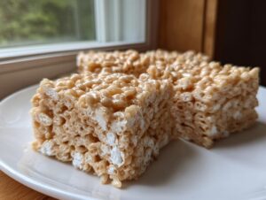 Three square peanut butter rice krispie treats stacked slightly on a white plate near a window.