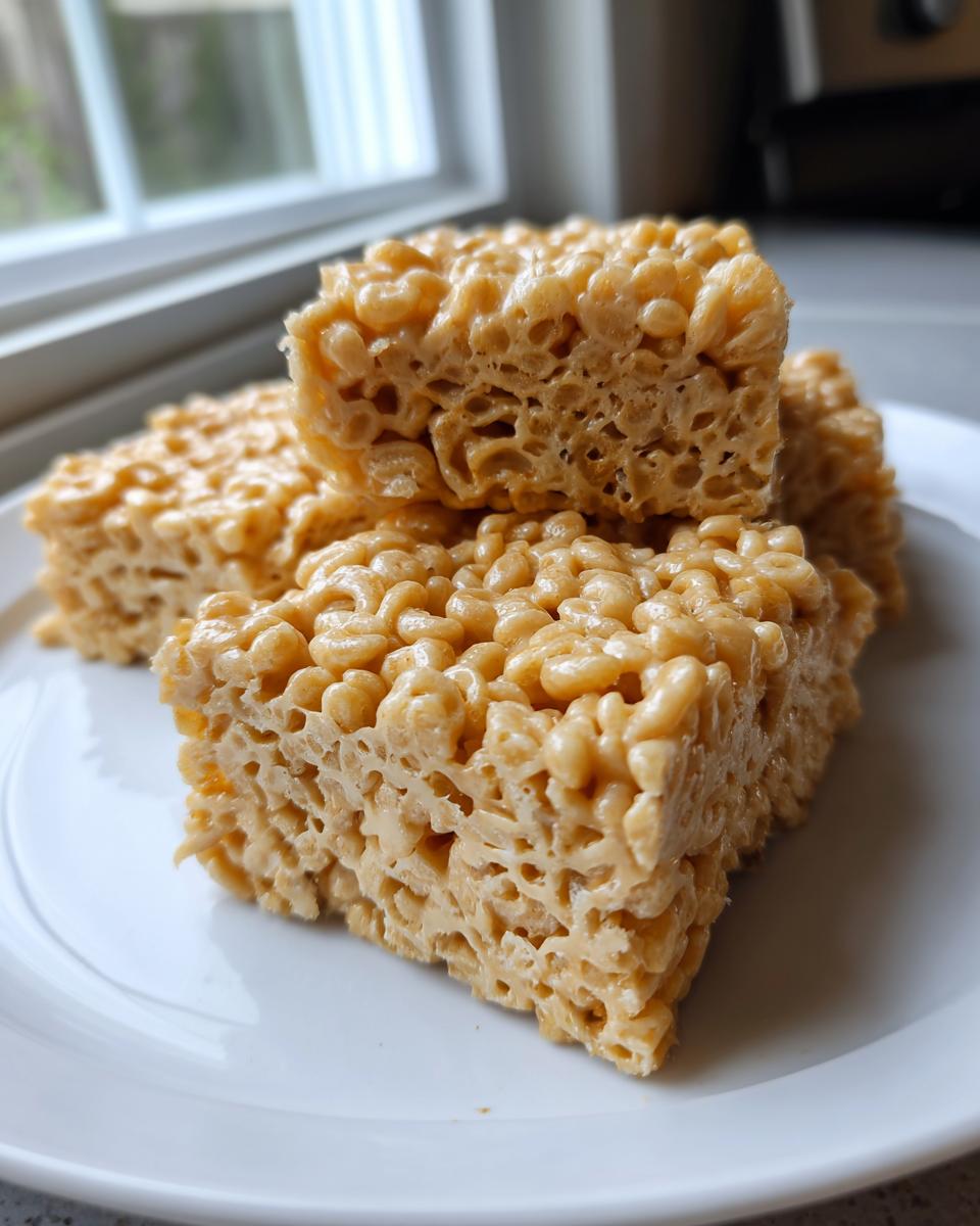 Close-up of three stacked, chewy peanut butter rice krispie treats on a white plate.