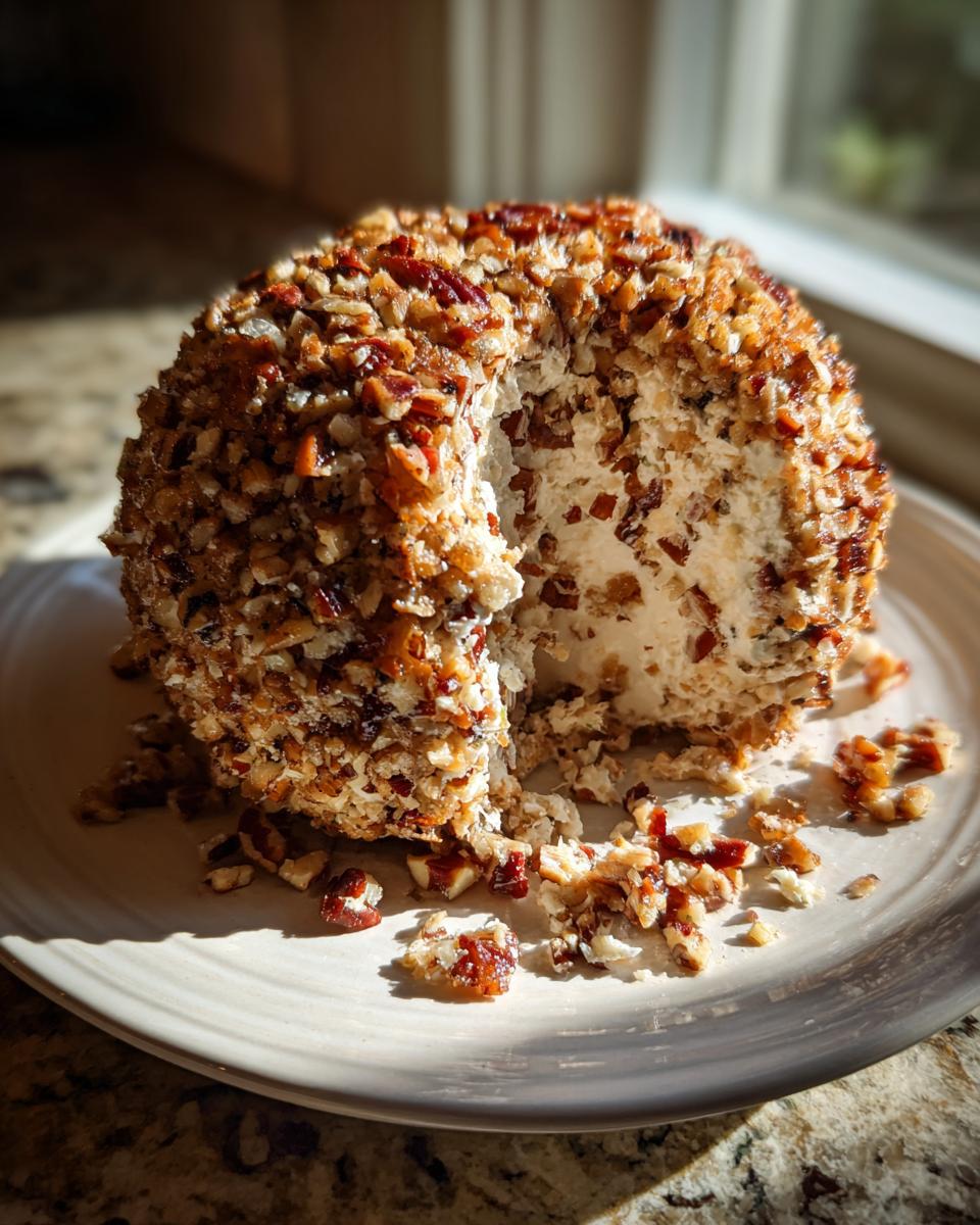 A delicious pecan-crusted cheese ball recipe, shown with a wedge cut out, sitting on a plate in dramatic sunlight.