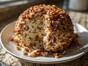A large, round cheese ball recipe coated entirely in chopped pecans, with a section scooped out to show the creamy interior.