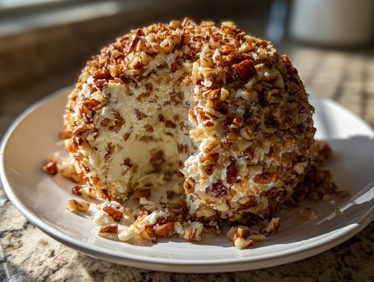 A large, round cheese ball recipe coated entirely in chopped pecans, with a section scooped out to show the creamy interior.