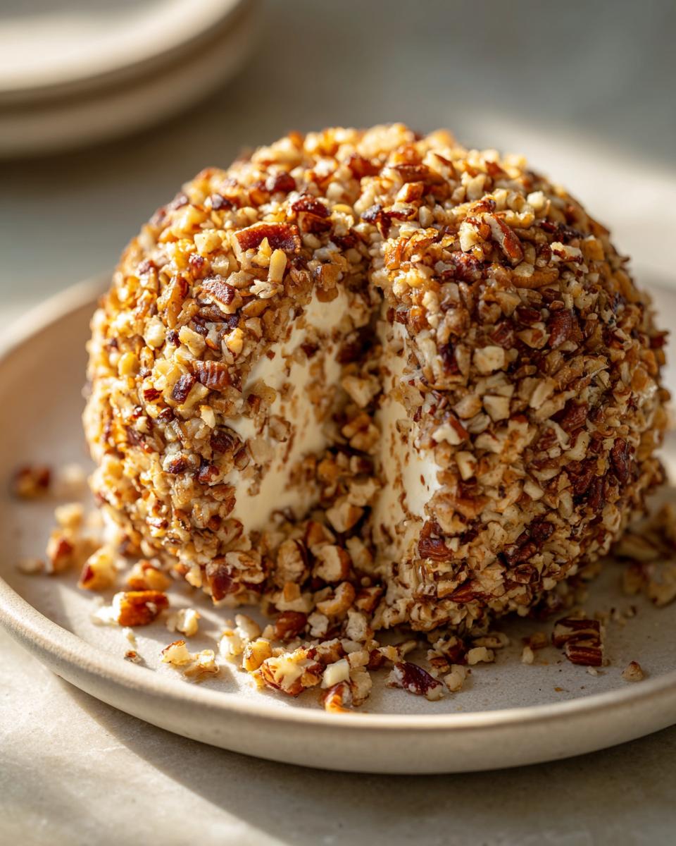 A wedge cut from a creamy cheese ball recipe coated entirely in chopped pecans, sitting on a light plate.