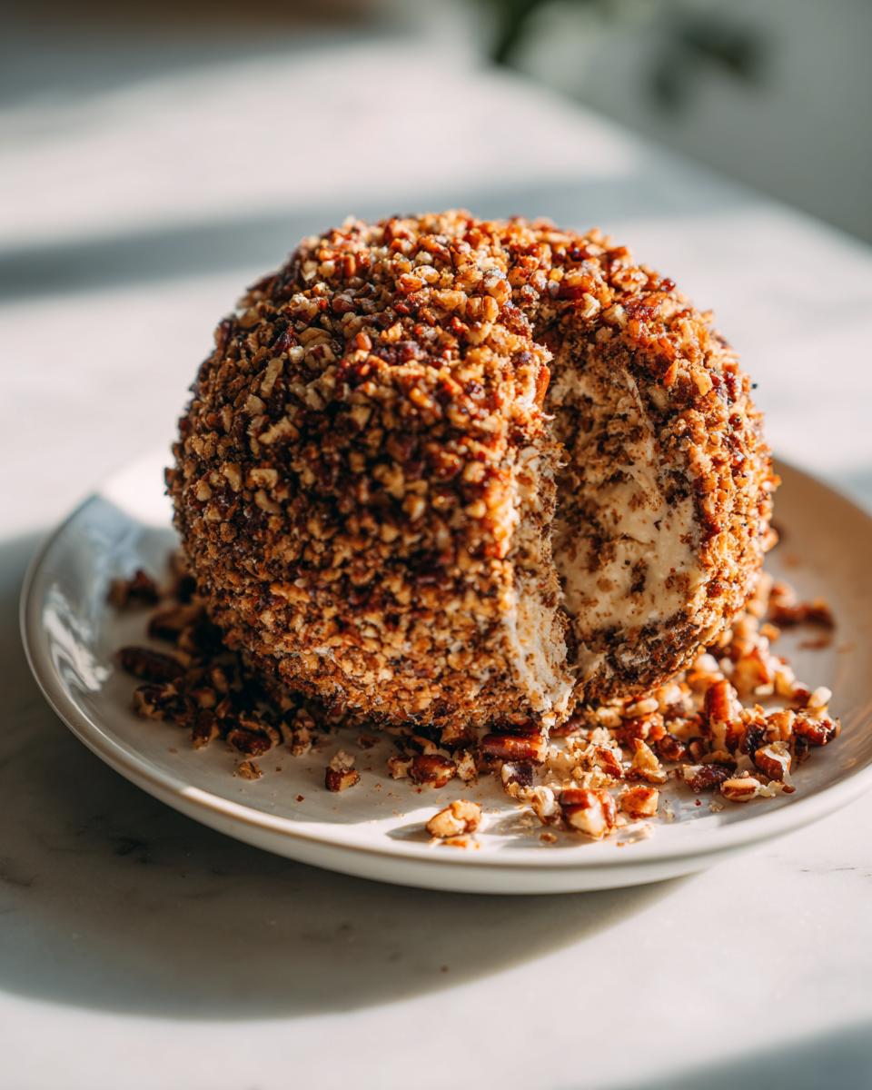 A large, round cheese ball recipe coated entirely in chopped pecans, sitting on a white plate with a slice already cut out.