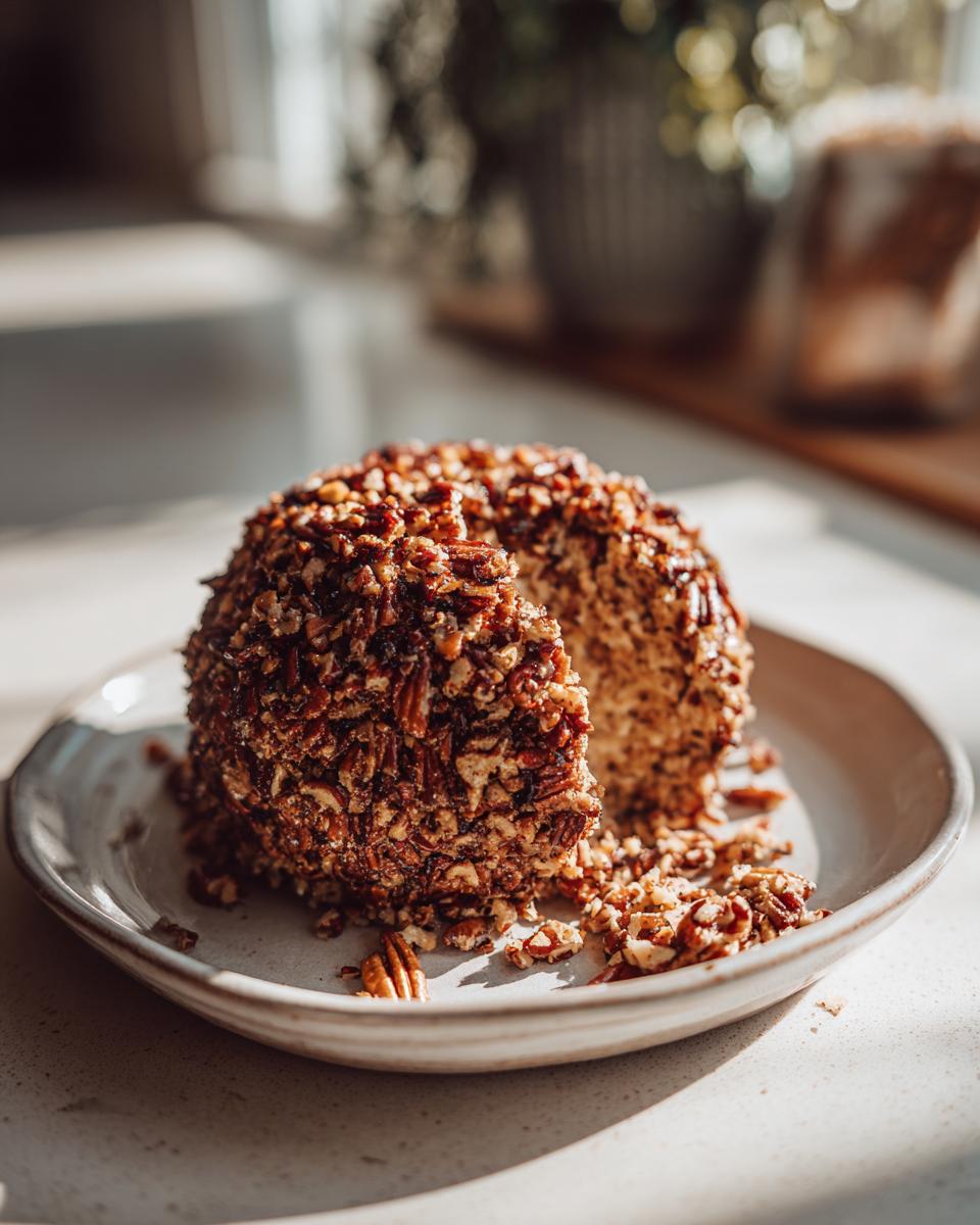 A delicious cheese ball recipe coated entirely in chopped pecans, with a slice removed, sitting on a light ceramic plate.