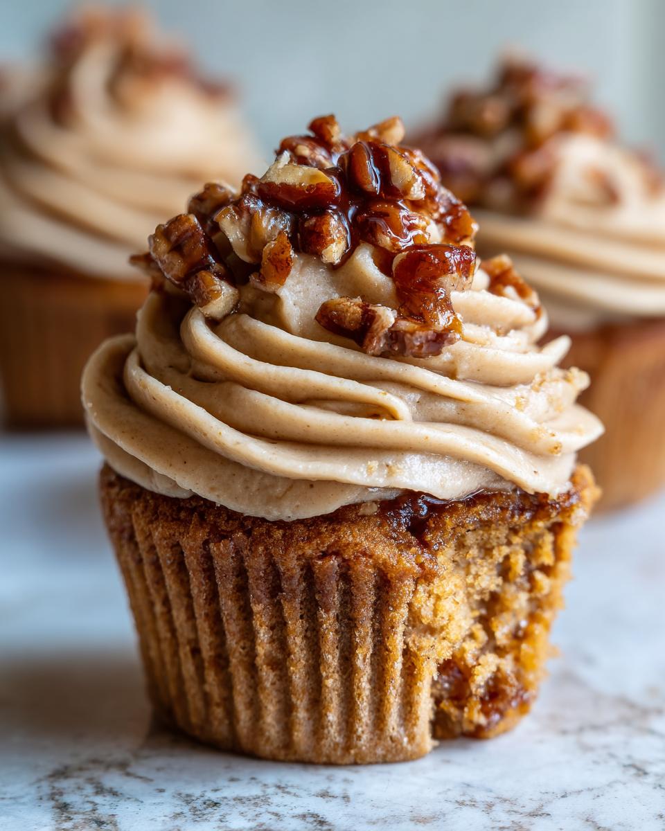 Close-up of a single, delicious pecan pie cupcake topped with light brown frosting and candied pecans.