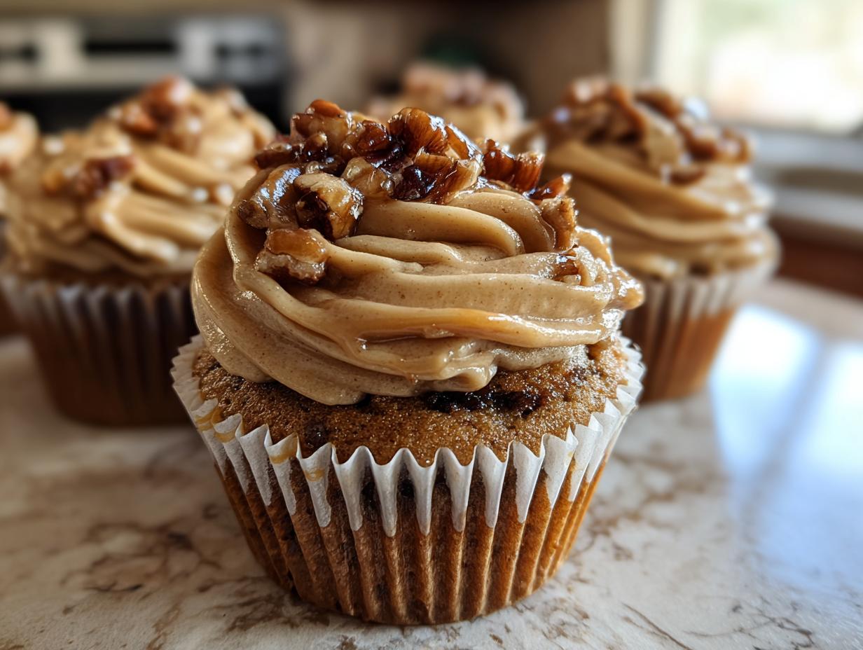 A close-up of a single pecan pie cupcake topped with caramel-colored frosting and candied pecans.