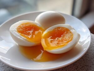 Close-up of three perfectly poached eggs on a white plate, two halved to show the bright, runny orange yolk.