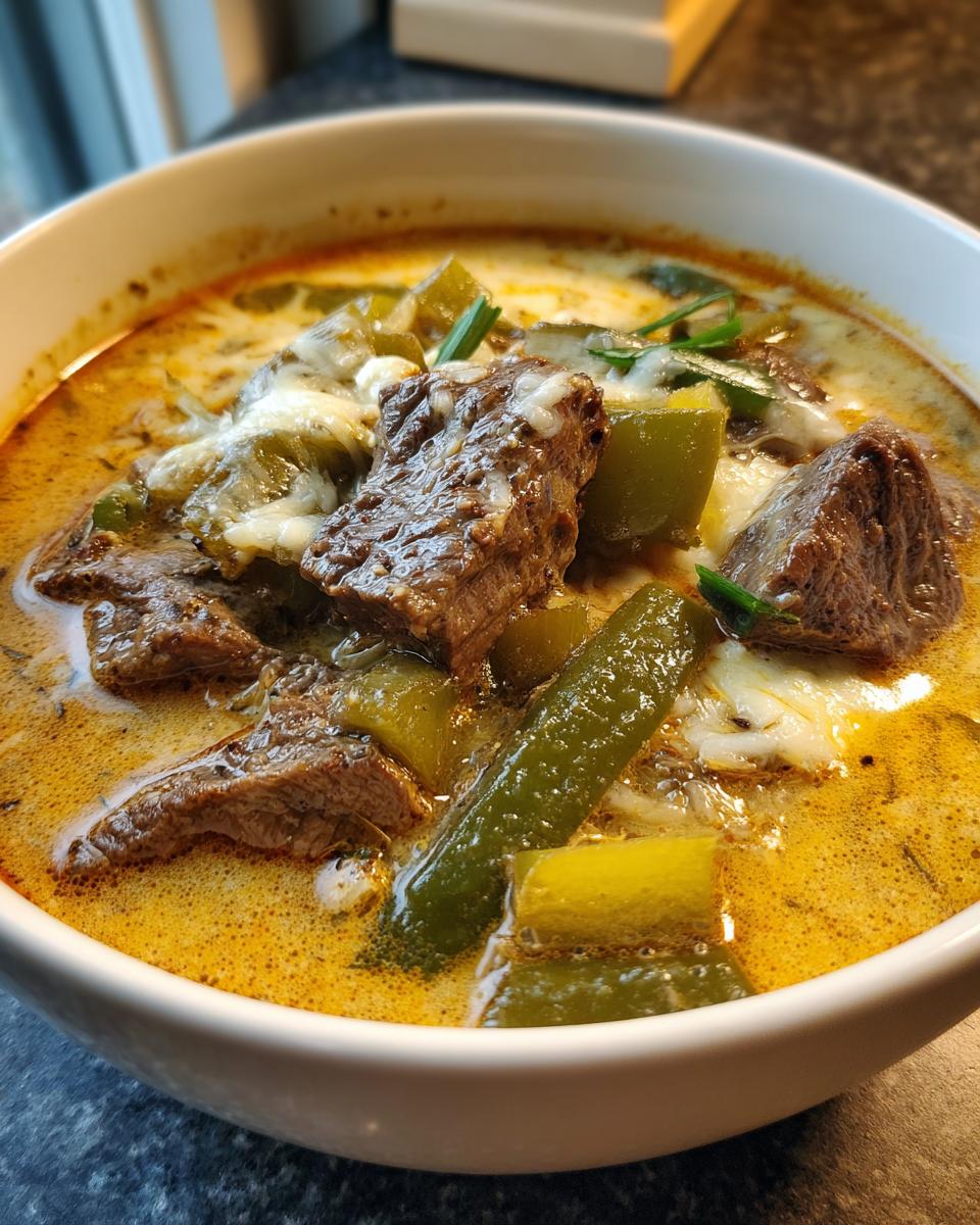 A close-up of a hearty bowl of philly cheese steak soup featuring chunks of beef, green peppers, and melted white cheese.
