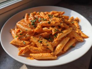 A plate of penne pasta generously coated in vibrant pink sauce pasta, garnished with fresh herbs.