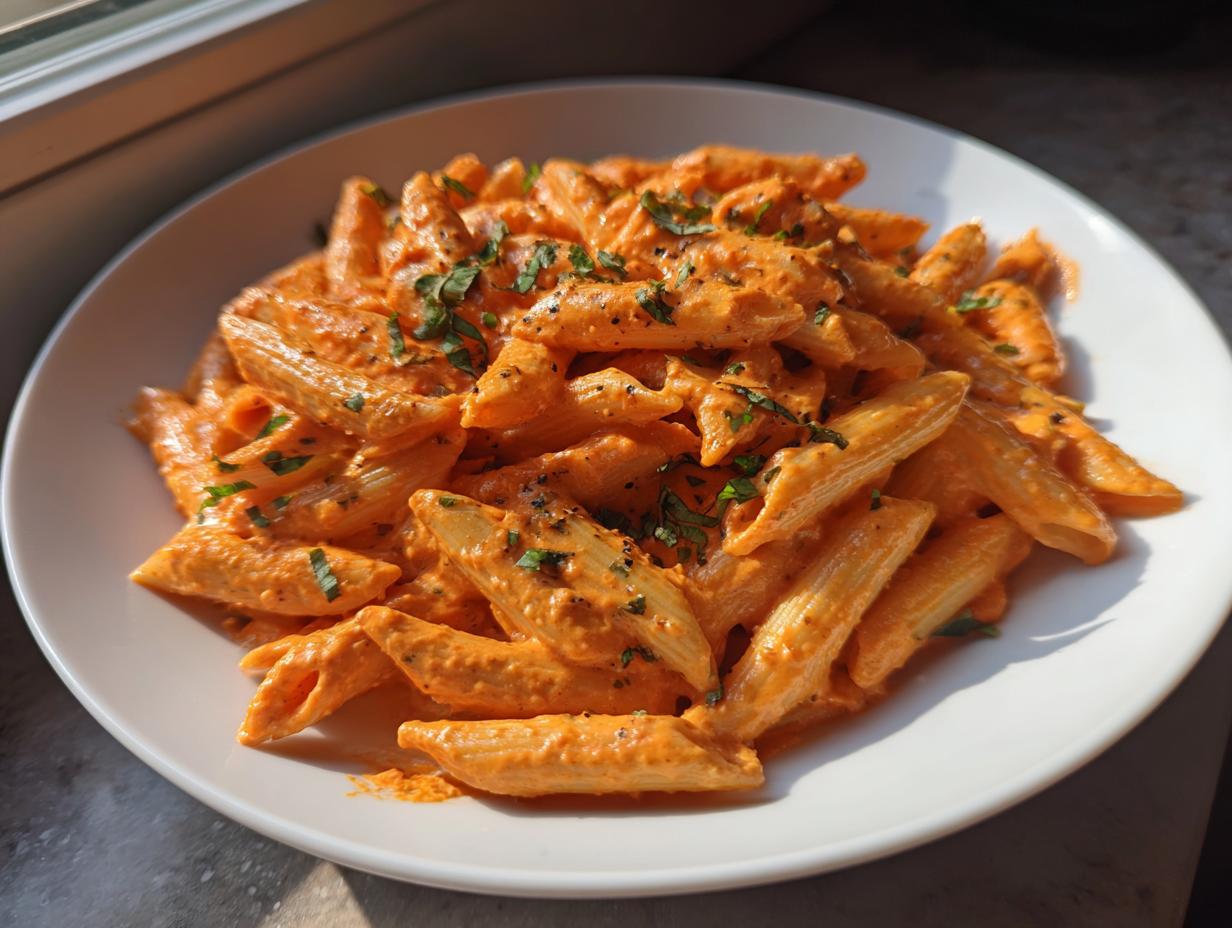 A plate of penne pasta generously coated in vibrant pink sauce pasta, garnished with fresh herbs.