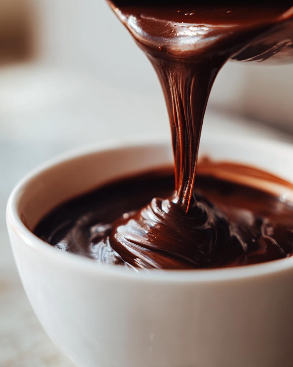 Close-up of thick, glossy homemade chocolate pudding being poured from a spoon into a white bowl.