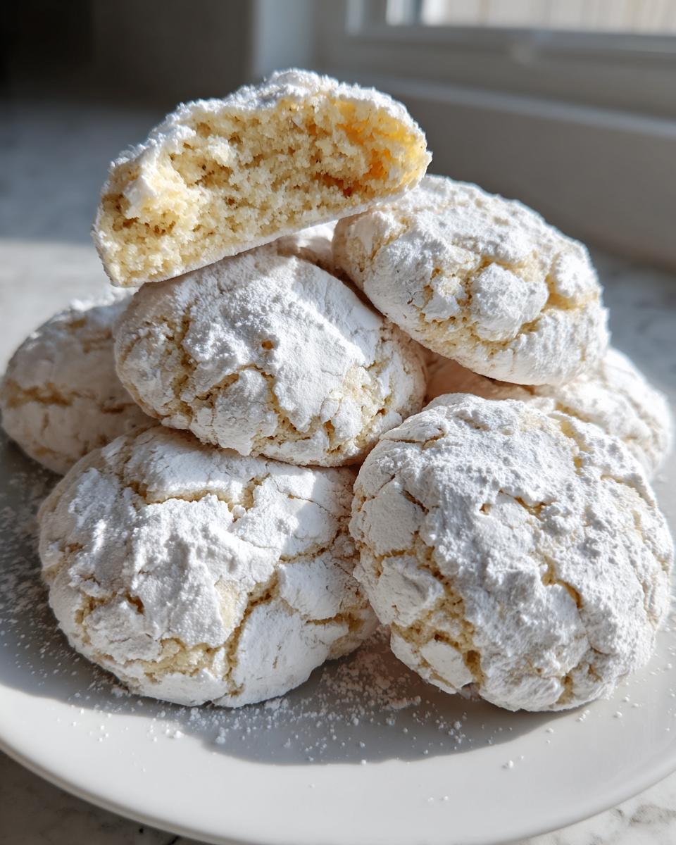A stack of soft, crinkle-top cool whip cookies heavily dusted with powdered sugar.