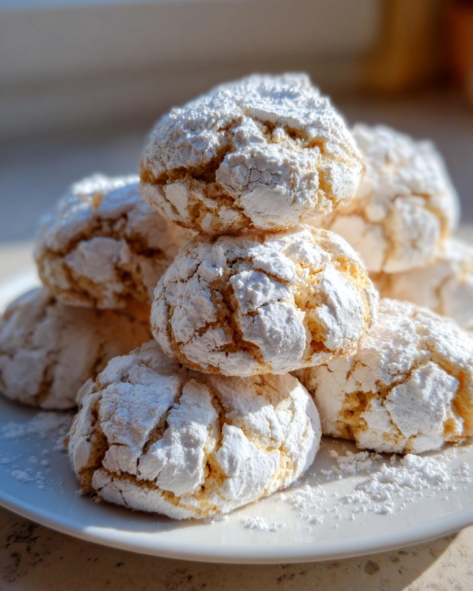 A stack of freshly baked cool whip cookies heavily dusted with powdered sugar, showing cracked surfaces.