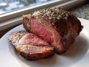 A beautifully cooked prime rib roast oven, sliced to show a perfect medium-rare center, seasoned with herbs.