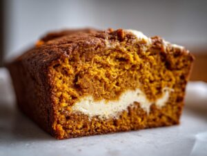 Close-up of a slice of rich, orange pumpkin cream cheese bread showing the creamy white swirl filling.