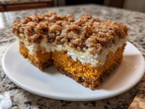 Two squares of layered pumpkin crunch cake featuring a bright orange pumpkin base, white cream cheese layer, and crunchy pecan topping.