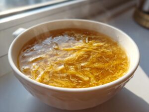 Close-up of a steaming white bowl filled with golden yellow egg drop soup, showing wispy cooked egg ribbons.