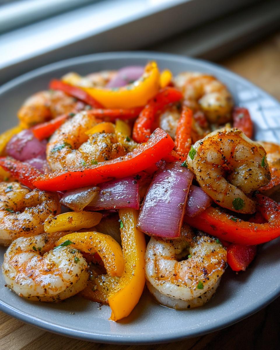 Close-up of perfectly cooked shrimp fajitas featuring seasoned shrimp, red bell peppers, yellow peppers, and red onions on a plate.