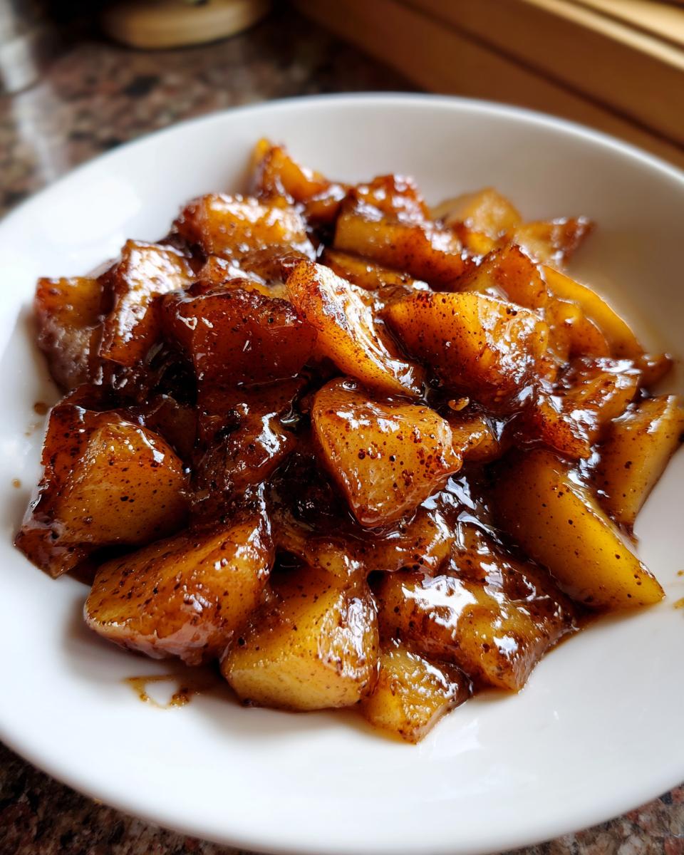 Close-up of chunky, caramelized apple pie filling coated in a dark, spiced syrup, served in a white bowl.