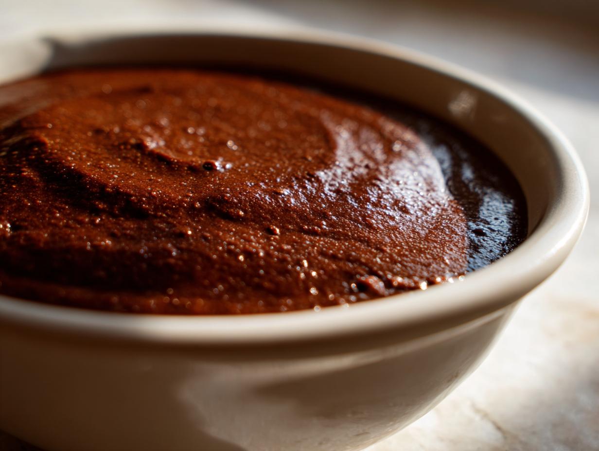 Close-up of rich, dark homemade chocolate pudding with a glossy texture in a light-colored bowl.