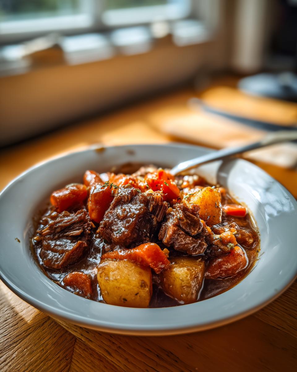 Close-up of a white bowl filled with rich, dark 8 hour pork stew featuring tender meat chunks and potatoes.